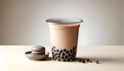 A bubble tea mockup featuring a plastic cup filled with milk tea and tapioca pearls, accompanied by a single macaron on a small plate.