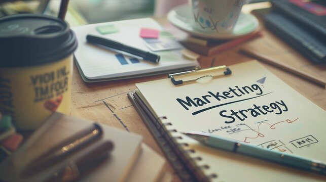 Marketing concept. Employee working on company advertisements and ads. Notepad with detailed marketing planning and strategy, showcasing a structured approach to effective marketing campaigns.