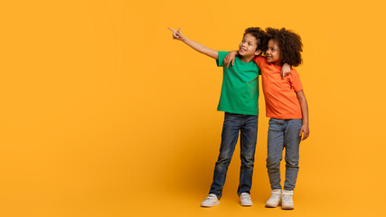 Two African American children are standing on a bright yellow background, both pointing in the same...