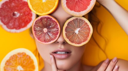 A woman with her face covered in slices of fruit, AI