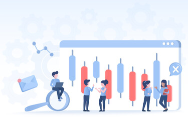 Financial business and stock market concept. Analysis of investors or businesspeople increasing and decreasing expenses, market crashes, and bankruptcy. Flat vector design illustration.