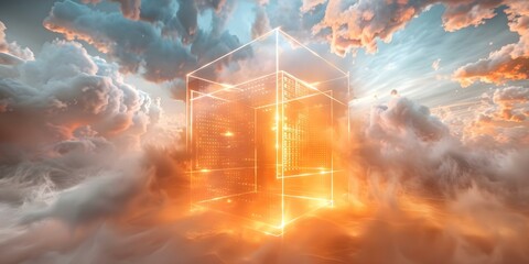 Elevated Data Center Cube Surrounded by Clouds and Illuminated by Lights. Concept Data Centers, Cloud Computing, Technology, Illuminated, Architecture
