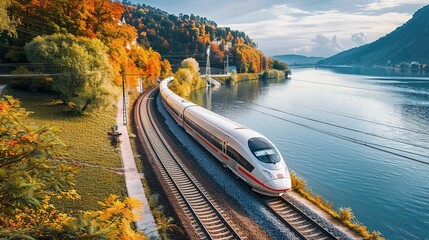 high-speed train driving through a beautiful landscape with a river and a forest - preserving nature with sustainable transportation