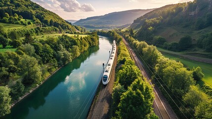 high-speed train driving through a beautiful landscape with a river and a forest - preserving...