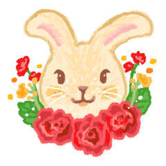 赤いバラの花園から顔を出したベージュのうさぎのイラスト