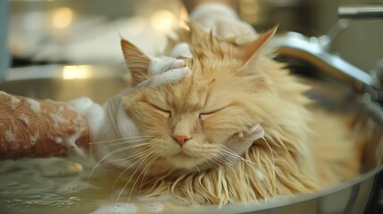 pet grooming and washing of a beautiful and fluffy siberian cat of cream color