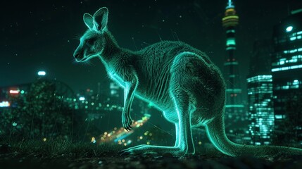 A mint green glow kangaroo silhouette in a nightscape bold outline