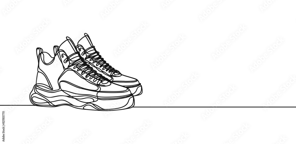 Wall mural vector illustration of sneakers sports shoes in a continuous one line isolated white background - Wall murals