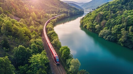 high-speed train driving through a beautiful landscape with a river and a forest - preserving nature with sustainable transportation