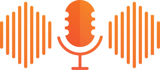 Vibrant orange icon representing a microphone with sound waves on a white background