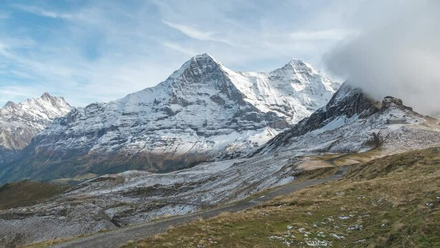 Mannlichen Switzerland time lapse, Alps mountain range with Jungfrau and Monch peak
