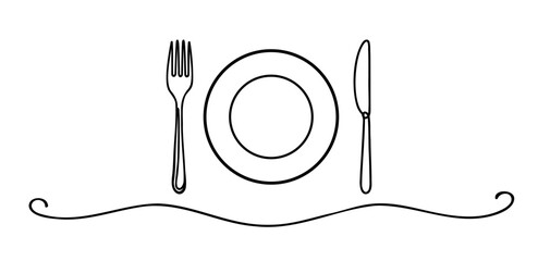 One continuous line plate, knife and fork. Vector illustration.