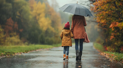 Obraz premium Mother and daughter walking on the road on the rain under the umbrella. 
