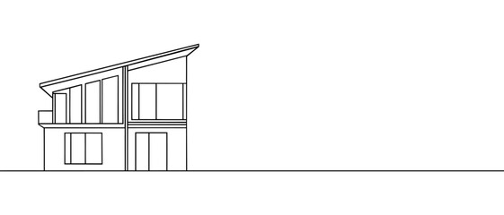 Modern house or commercial building in continuous line art drawing style. Modern architecture sketch isolated on white background. Vector illustration