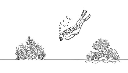Continuous one line drawing of scuba diver illustration. Scuba diver under the sea single outline vector design.