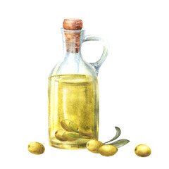 Olive oil in glass jug, bottle with cork and olive leaves and berries. Watercolor hand drawn illustration for Mediterranean food sauce vegan label, vegetarian menu. Isolated clipart white background