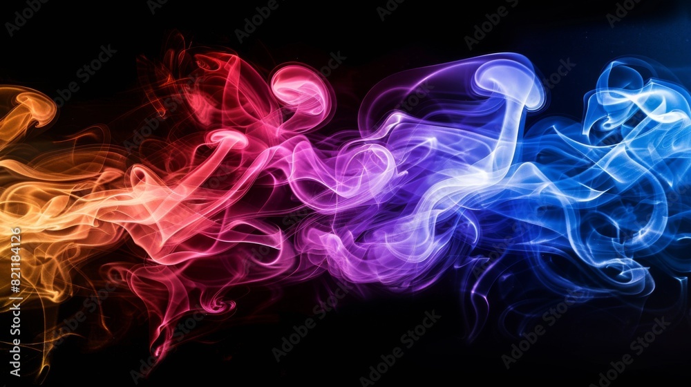 Poster dynamic motion of colorful cigarette smoke waves against a black backdrop.