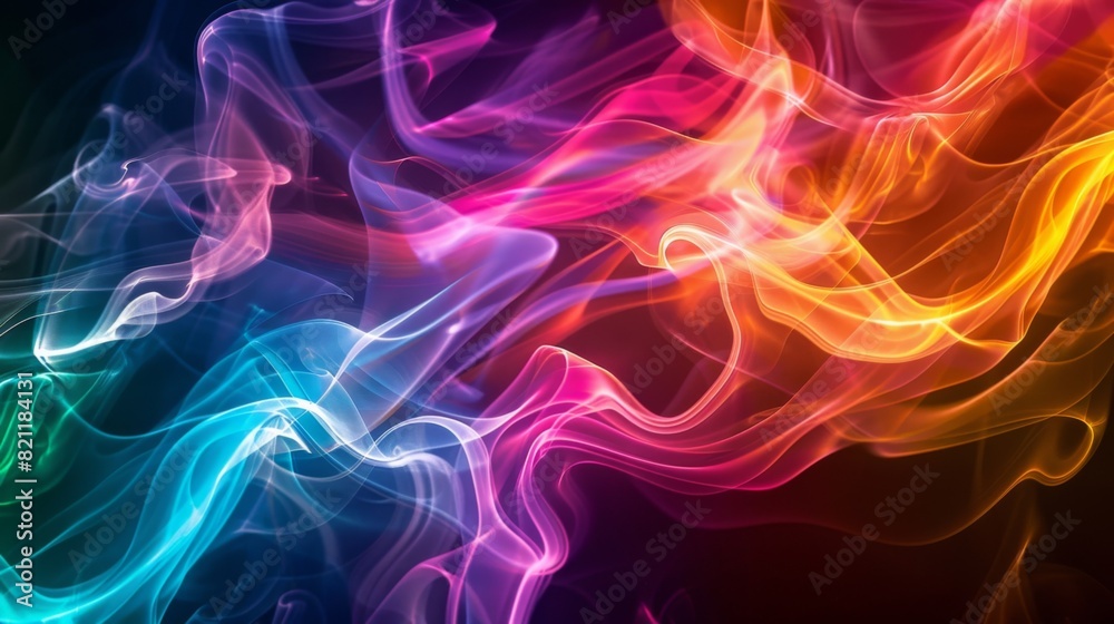 Poster Dynamic motion of colorful cigarette smoke waves against a black backdrop.