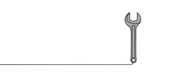 Mechanical wrench for nuts drawn in one continuous line isolated on white background.