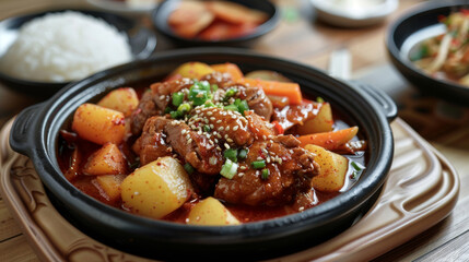 Fototapeta premium Korean spicy chicken stew with sesame seeds and green onions, served in a black bowl with a side of rice