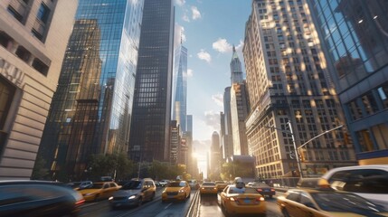 Dynamic shot of traffic flowing past towering skyscrapers in a modern metropolis.