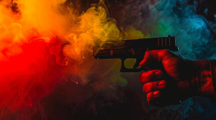 A person holding a gun in a colorful background