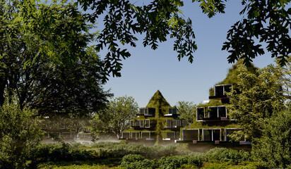 Green residential complex with overgrown buildings with sustainable materials surrounded by rich...