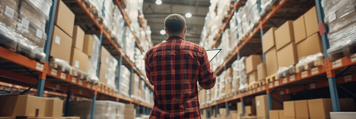 Rear view of a male worker using a tablet to inspect stock in large warehouse shelves