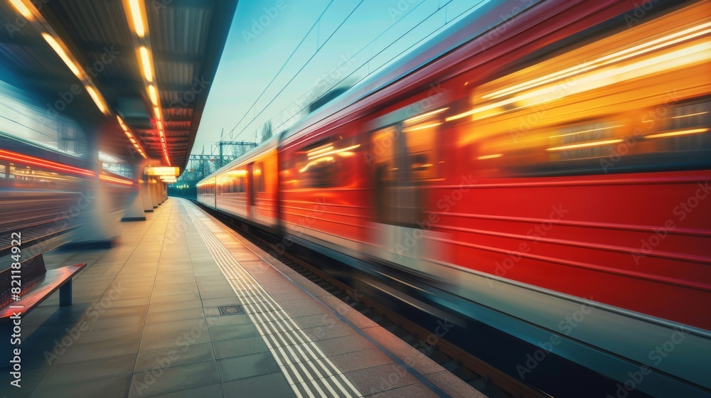 Poster Electric train departing from a station platform with motion blur effect.