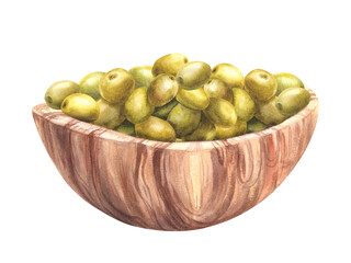 Olives in a wooden bowl. Watercolor green olive berries fruits in a brown dish, eco brown tableware with vegan dishes. Hand drawn illustration. Watercolour food clipart. Isolated white background