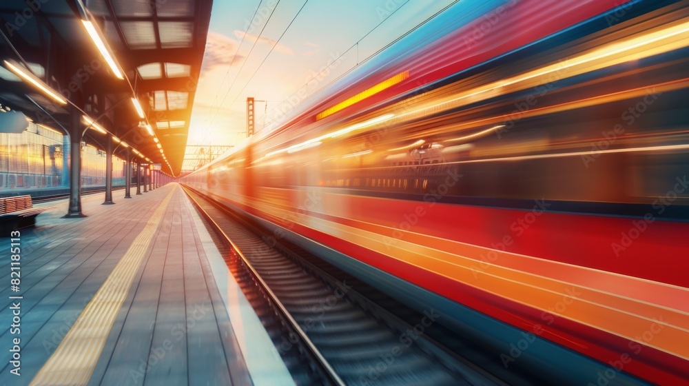 Poster electric train departing from a station platform with motion blur effect.