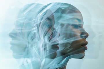 conceptual image exploring the concept of identity and personality. Crisis of self identification. Multiple reflections of a face of woman in water.