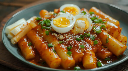 Traditional korean tteokbokki dish with boiled eggs, green onions, and sesame seeds on an authentic plate