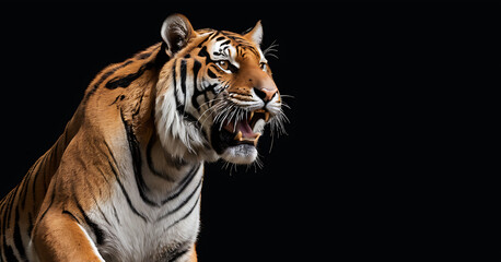 portrait of a bengal tiger, A powerful tiger with its mouth open in a snarl, set against a black background