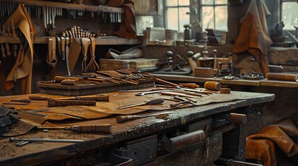 A leatherworker's bench cluttered with tools and scraps of leather