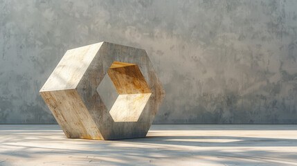 Award Winning National Geographic rule of thirds, photograph of a minimalist, geometric sculpture casting long shadows in the late afternoon sun, minimalist, plain soft gray backgr