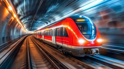 Naklejka premium Electric train speeding through a tunnel with motion blur effect.