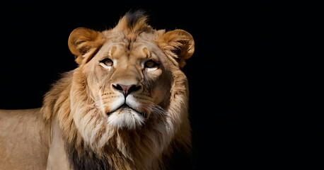  A majestic lion with a thick mane gazes intently into the distance against a black background
