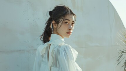 A young woman with a calm expression looks over her shoulder towards the camera. Light background, minimalistic and clean look. Copy space. Beautiful Asian young girl on a light background