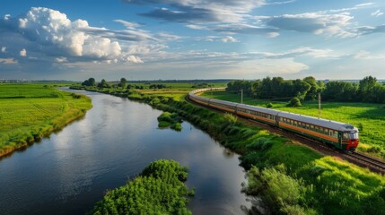 Fototapeta premium Electric train traveling alongside a picturesque river in the countryside.