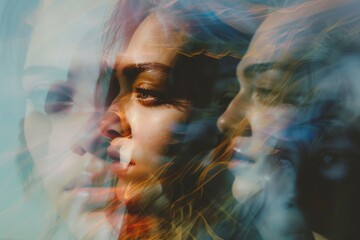 conceptual image exploring the concept of identity and personality. Schema therapy. Crisis of self identification. Multiple reflections of a face of woman in water.