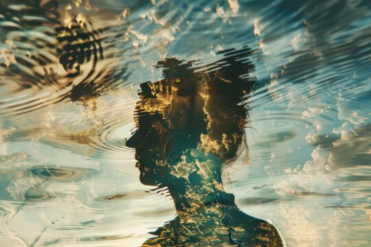 female face reflected in rippled water texture and background with green nature reflection