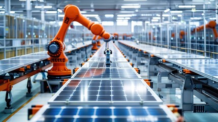 Large Production Line with Industrial Robot Arms at Modern Bright Factory. Solar Panels are being...