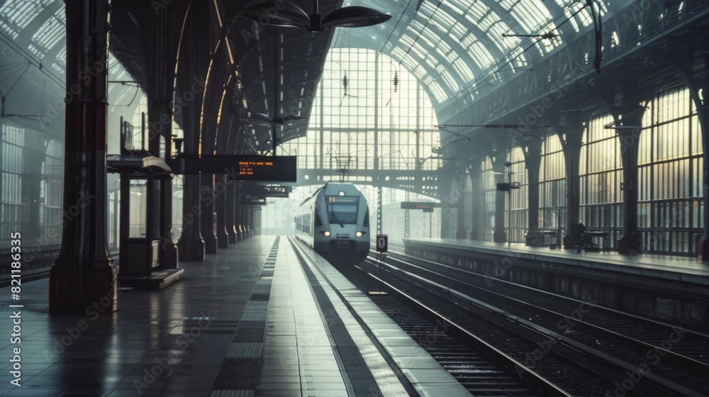 Aufkleber Empty platform at a train station with an approaching locomotive.