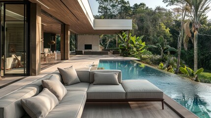 Fototapeta premium sofa, pillows, pool in a quiet and natural environment generative ai