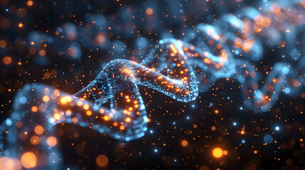 A digitally rendered abstract DNA helix glowing with vibrant blue and orange lights, set against a dark background with bokeh effects
