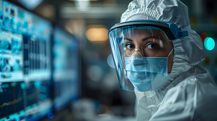 A dedicated healthcare worker in full PPE gear carefully analyzing medical data on a computer screen in a clinical setting