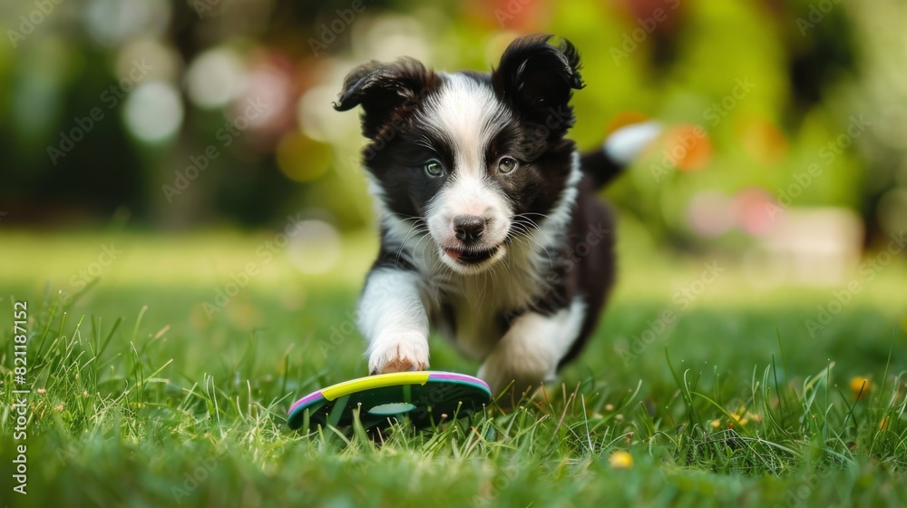 Poster energetic border collie puppy chasing after a colorful frisbee in the grass.