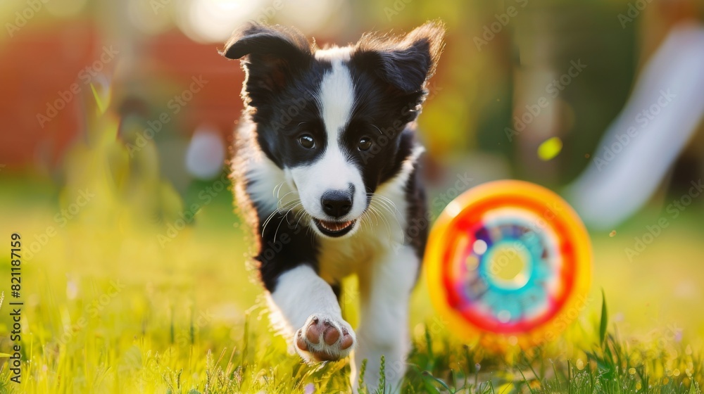 Poster energetic border collie puppy chasing after a colorful frisbee in the grass.