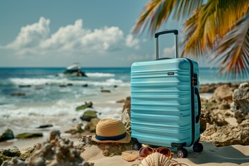 A blue suitcase is sitting on the beach next to a hat and a pair of sunglasses, travel concept